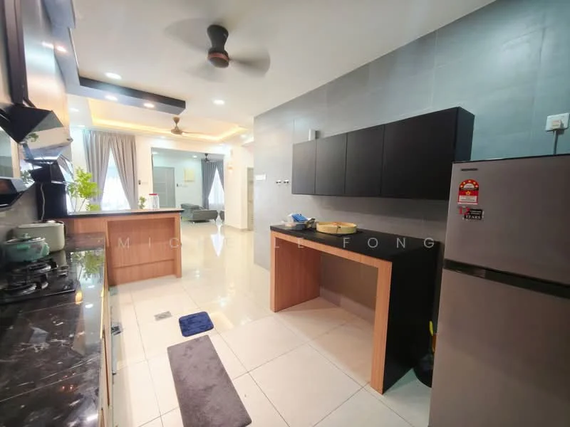 Kitchen features: black granite countertop, wooden kitchen island, stainless-steel fridge, built-in gas stove, black cabinetry, white tiled backsplash, ceramic tile flooring, 5-blade ceiling fan, recessed downlights, window with sheer curtains, open layout to living area; style: modern.