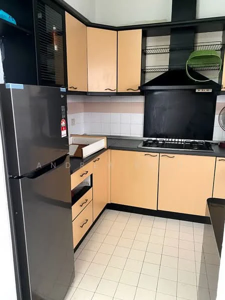 Kitchen features: black refrigerator, wood cabinetry with yellow finish, stainless-steel gas hob, black exhaust hood, white tiled backsplash, white tiled flooring, open shelving, drawer unit, sink area, wall-mounted fan; style: modern.