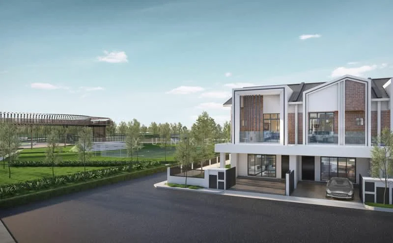 Exterior type: linked terrace house; features: modern facade with a combination of brick and white painted surfaces, large windows for natural light, double-volume entrance, manicured lawn, surrounding greenery, paved driveway, car porch, adjacent recreational area with open space, clear blue sky, landscaped garden, outdoor seating area, modern architectural design; style: modern.