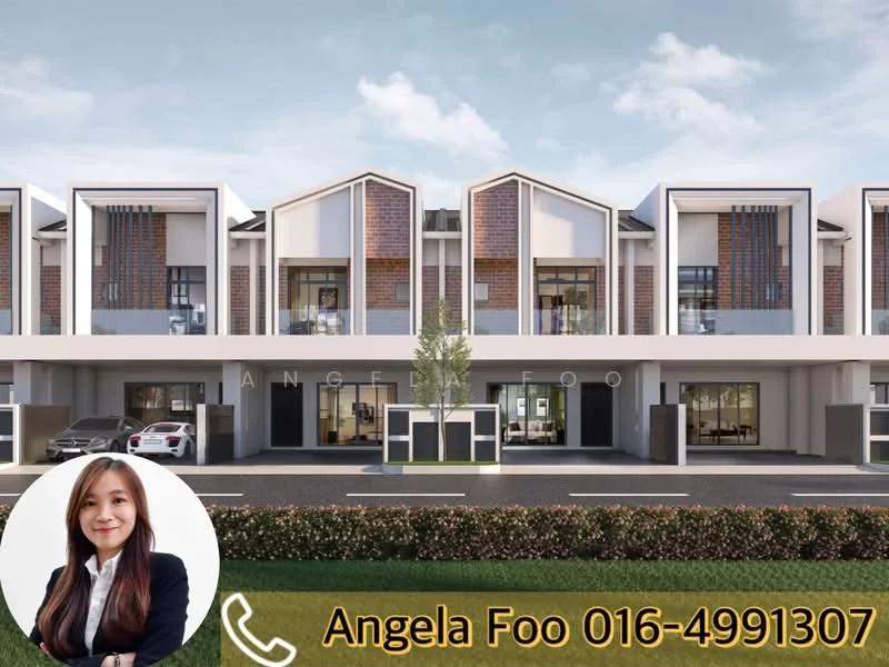 Exterior type: linked terrace house; features: modern facade with brick accents, flat roof, two-storey structure, large windows, manicured landscaping, driveway with parking spaces, front porch area, symmetrical design, neutral color palette, visible street view; style: modern.