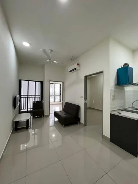 Living features: white painted walls, glossy tile flooring, 5-blade ceiling fan with light, wall-mounted TV, sofa bed in black, coffee table, floor-to-ceiling windows, sliding glass door, air conditioning unit; style: modern; view: city. Kitchen features: stainless-steel sink, chrome pull-down faucet, black cabinetry, countertop with backsplash, built-in stove, refrigerator, open shelving; style: modern.