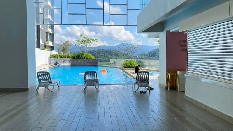 Room features: large glass windows, sliding glass door, tile flooring, indoor seating area, view of swimming pool, view of mountains, natural light, decorative plants; style: modern; view: mountain.