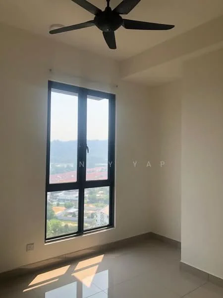 Room features: floor-to-ceiling windows, black window frames, mountain view, cream painted walls, ceiling fan, glossy tile flooring, neutral color scheme, natural light; style: modern; view: mountain.