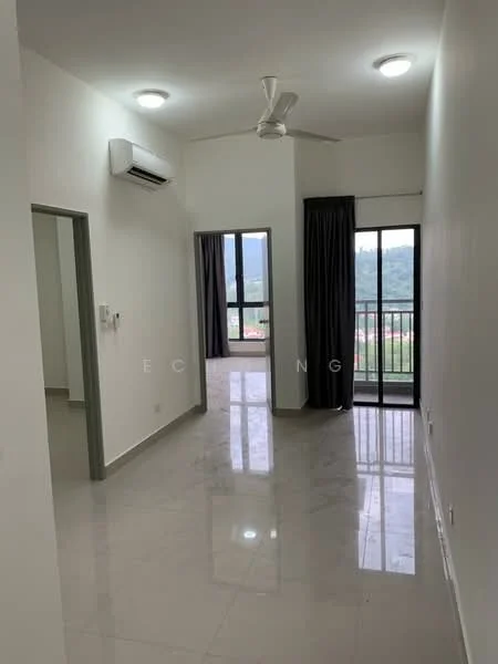 Room features: white painted walls, marble tile flooring, 5-blade ceiling fan, wall-mounted split AC, floor-to-ceiling windows, sliding glass door, grey curtains, balcony access, natural light, mountain view; style: modern; view: mountain.