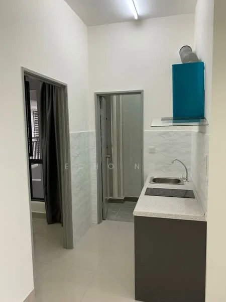 Kitchen features: single-bowl stainless-steel sink, chrome pull-down faucet, white quartz countertop, grey cabinetry, white tiled backsplash, wall-mounted cabinet in blue, recessed ceiling lights, tile flooring, open layout, doorway to hallway, doorway to utility area; style: modern. Room features: white painted walls, grey door frame, doorway leading to another room.