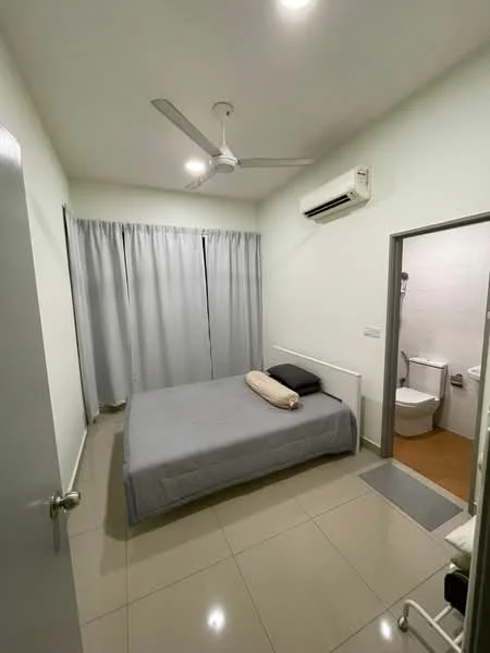 Bedroom features: queen-size bed, grey bedspread, 2 pillows, floor-to-ceiling windows with sheer curtains, light-colored walls, tile flooring, 5-blade ceiling fan, wall-mounted split AC, built-in wardrobe, door leading to bathroom, decorative wall art; style: modern.
