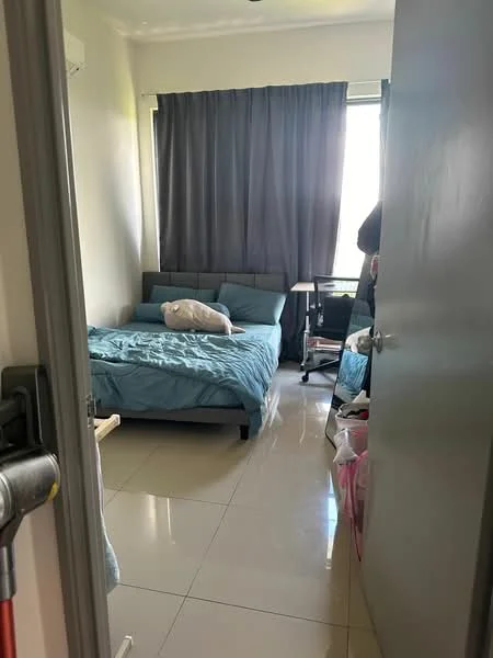 Bedroom features: queen-size bed with blue bedding, grey upholstered headboard, floor-to-ceiling window with sheer curtains, light grey curtains, white walls, glossy tile flooring, study desk, chair, decorative pillow on bed, built-in wardrobe, wall-mounted air conditioning unit; style: modern.