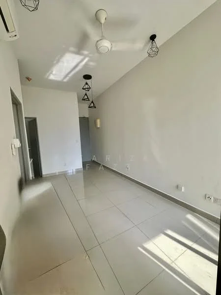 Room features: white painted walls, grey tiled flooring, 5-blade ceiling fan with light, recessed downlights, hanging pendant lights, air conditioning unit on wall, doorway leading to another room, large windows allowing natural light; style: modern.