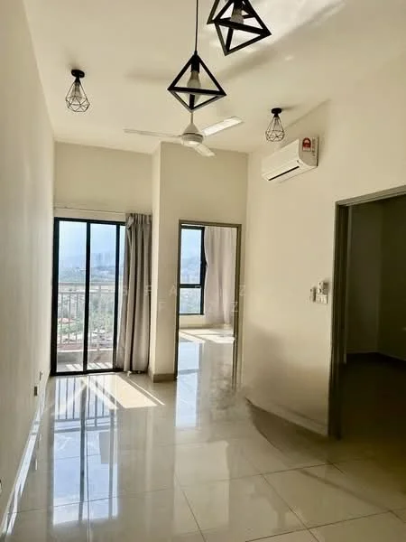 Living features: white painted walls, polished ceramic tile flooring, 5-blade ceiling fan, recessed downlights, two floor-to-ceiling windows, sliding glass door, sheer curtains, wall-mounted split AC; style: modern; view: city.