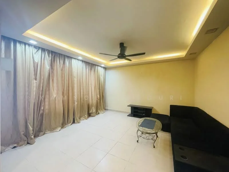 Living features: cream painted walls, recessed ceiling with LED lighting, 5-blade ceiling fan, white tiled flooring, black L-shape sectional sofa, glass coffee table, TV console, floor-to-ceiling curtains; style: modern.
