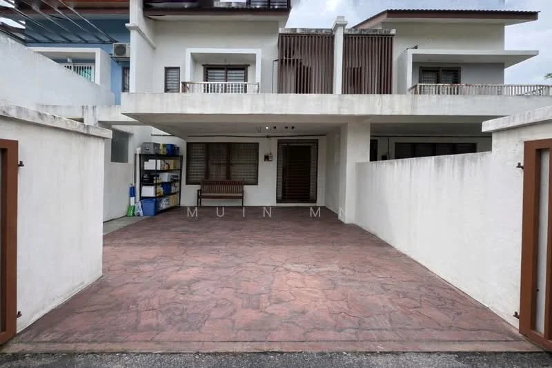 Exterior type: semi-detached house; features: white painted facade, flat roof, two-storey structure, stamped concrete driveway, manicured landscaping, balconies on upper level, visible windows with grilles, side access to the house, outdoor storage area, covered car porch; style: modern.