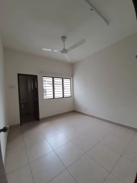 Room features: white painted walls, tile flooring, ceiling fan, sliding windows, natural light from windows, neutral color scheme, corner room, no visible furniture; style: minimalist.