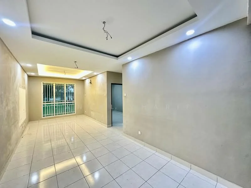 Living features: white painted walls, polished ceramic tile flooring, tray ceiling with recessed lighting, 2 ceiling lights, sliding glass door, window with grille, neutral color scheme, open layout; style: modern; view: garden.