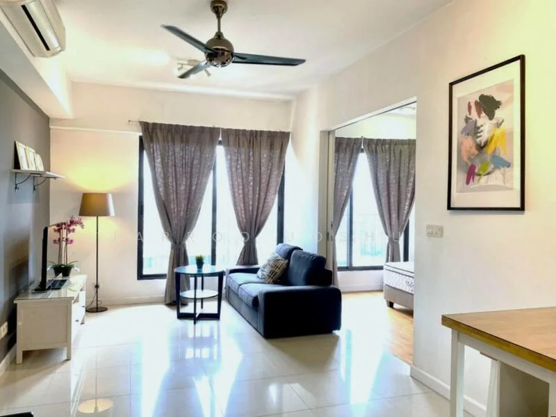 Living features: 3-seater fabric sofa in navy blue, floor-to-ceiling windows, sheer curtains, ceiling fan, wall-mounted TV console, decorative wall art, laminate flooring, recessed downlights; style: modern; view: city. Room features: light-colored walls, tile flooring, decorative plant, floor lamp.