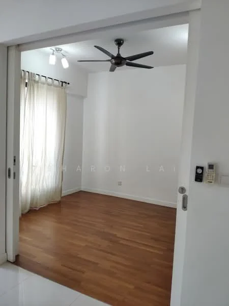 Room features: white painted walls, wooden flooring, 5-blade ceiling fan, curtains, door with handle, light fixtures, switch panel; style: modern.