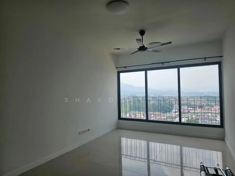 Room features: large floor-to-ceiling windows, mountain view, white painted walls, polished tile flooring, ceiling fan, recessed lighting, balcony access, neutral color scheme; style: modern; view: mountain.