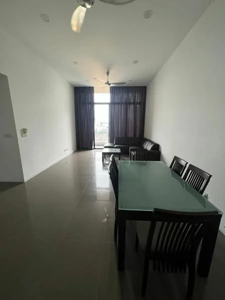 Dining features: rectangular glass dining table, 6 black dining chairs, 3-seater black leather sofa, floor-to-ceiling windows, sheer curtains, grey tiled flooring, ceiling fan, white painted walls; style: modern; view: city.