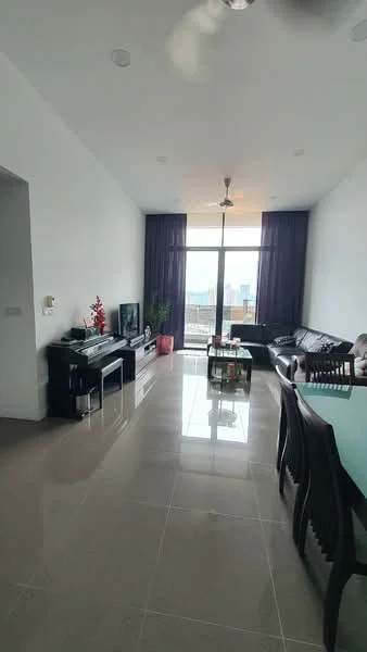 Living features: white painted walls, glossy tile flooring, 5-blade ceiling fan with light, floor-to-ceiling windows, sliding glass door, dark leather sofa, glass coffee table, dining table with chairs, potted plants, curtains in dark purple, TV console, wall-mounted TV; style: modern; view: city.