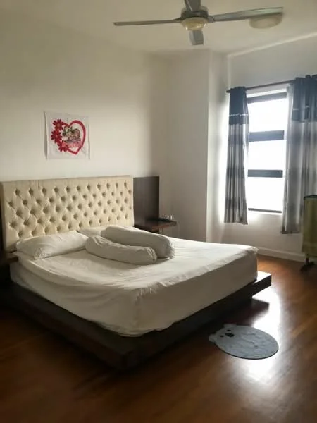 Bedroom features: king-size bed, upholstered headboard, white bedding, wooden flooring, ceiling fan, floor-to-ceiling window, blackout curtains, nightstand, decorative wall art, area rug; style: modern.