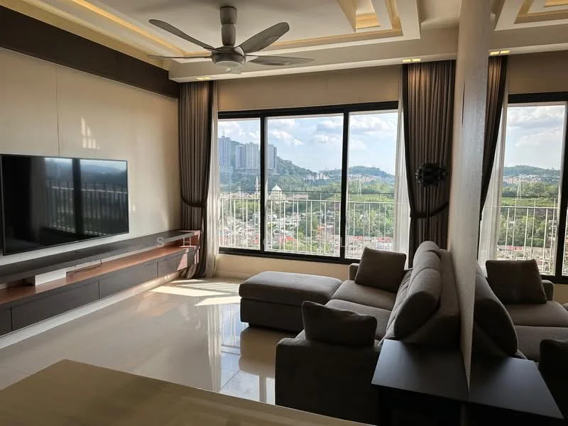 Living features: L-shape sectional sofa in grey, coffee table, wall-mounted TV, TV console with storage, floor-to-ceiling windows, curtains, recessed downlights, tray ceiling, marble tile flooring, city view; style: modern; view: city.