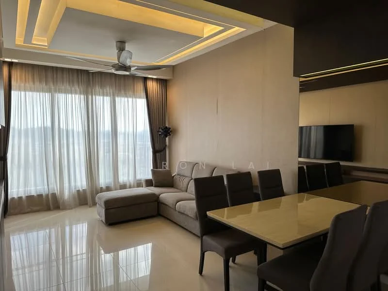 Living features: L-shape sectional sofa in beige, marble tile flooring, recessed downlights, 5-blade ceiling fan with light, floor-to-ceiling windows, sheer curtains, wall-mounted TV, dining table with 6 upholstered chairs, decorative wall panel, neutral painted walls; style: modern; view: city.