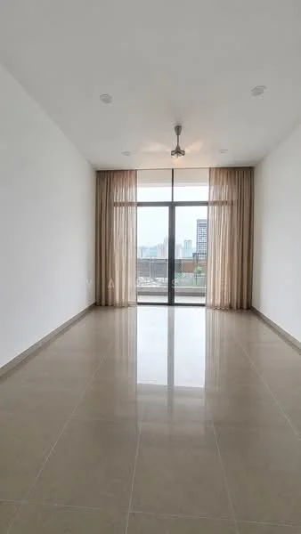 Room features: white painted walls, polished ceramic tile flooring, 5-blade ceiling fan with light, floor-to-ceiling windows, sheer curtains, city view; style: modern; view: city.