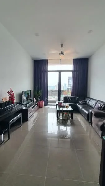 Living features: floor-to-ceiling windows, grey leather sectional sofa, coffee table, TV console, wall-mounted TV, piano, decorative plant, sheer curtains, recessed downlights, polished tile flooring, decorative wall art; style: modern; view: city.