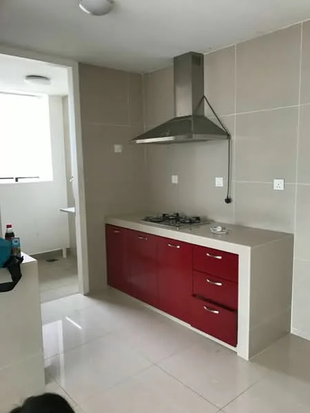 Kitchen features: red cabinetry, white countertop, stainless-steel range hood, 4-burner gas hob, ceramic tile flooring, grey tiled walls, single-bowl stainless-steel sink, wall-mounted light fixture; style: modern.