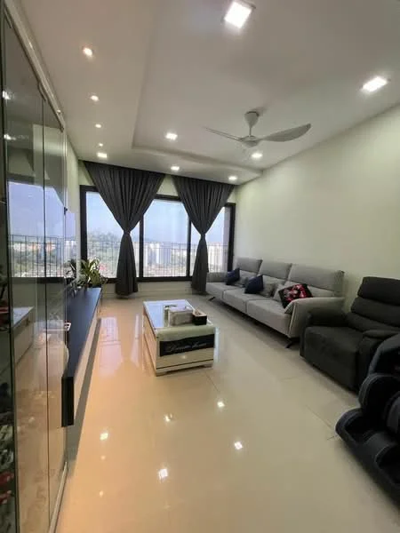 Living features: 3-seater fabric sofa in light grey, 2-seater leather sofa in black, coffee table with glass top, floor-to-ceiling windows, sheer curtains, blackout curtains, ceiling fan with light, recessed LED downlights, wall-mounted display cabinet, decorative plants, tile flooring in cream, neutral painted walls; style: modern; view: city.