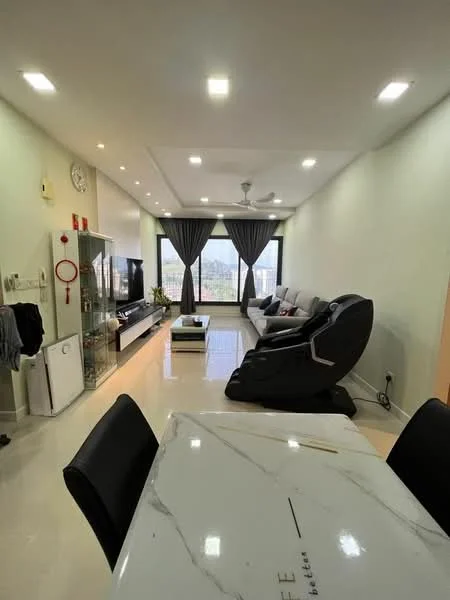 Living features: light grey walls, white ceiling with recessed downlights, 5-blade ceiling fan with light, floor-to-ceiling windows with sheer curtains, black leather recliner chairs, grey fabric sofa, black TV console, wall-mounted TV, marble coffee table, decorative plants, area rug, open layout to dining area; style: modern; view: city. Dining features: marble dining table, black dining chairs, open layout to living area; style: modern; view: city.