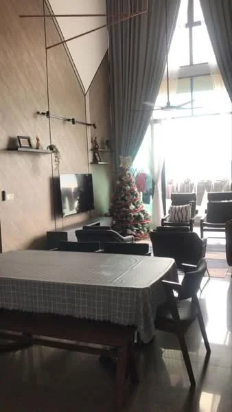 Living features: large floor-to-ceiling windows, grey accent wall, wooden dining table, black dining chairs, wall-mounted TV, decorative wall shelves, decorative Christmas tree, area rug with geometric pattern, recessed lighting, curtains, open layout to dining area; style: modern; view: city.