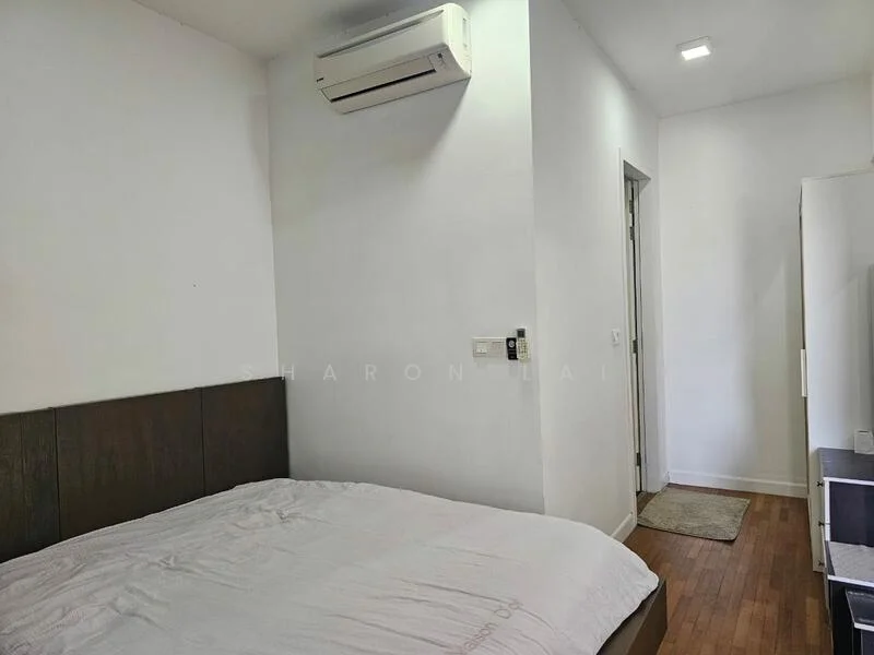 Bedroom features: queen-size bed, wooden bed frame, white bedding, wall-mounted air conditioning unit, light wood flooring, white painted walls, doorway to hallway, built-in wardrobe; style: modern.