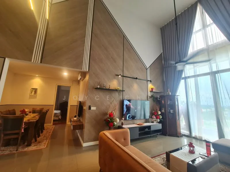 Living features: high ceiling, wood accent wall, floor-to-ceiling windows, sheer curtains, 3-seater fabric sofa in beige, coffee table, TV console, wall-mounted TV, decorative plants, area rug with geometric pattern, ceiling fan with light, recessed downlights; style: modern; view: garden. Dining features: 6-seater dining table, upholstered dining chairs, decorative centerpiece; style: modern.