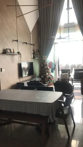 Dining features: dining table with checkered tablecloth, 4 dining chairs, wall-mounted TV, wooden flooring, large windows with sheer curtains, decorative wall with wood paneling, decorative items on wall shelves, Christmas tree in the corner, open layout to living area; style: modern; view: city. Living features: sofa set, coffee table, area rug, large windows with city view, decorative cushions, floor-to-ceiling curtains; style: modern; view: city.