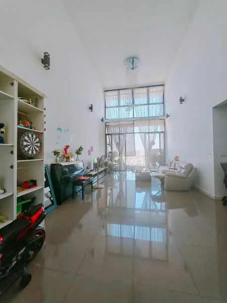 Living features: high ceiling, large floor-to-ceiling windows, natural light, cream walls, glossy tiled flooring, chandelier, light fixtures on walls, sofa, decorative shelving unit, dartboard, decorative plants, curtains, open layout; style: modern; view: city.
