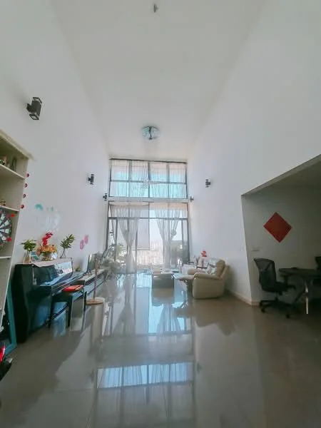 Living features: high ceiling, large floor-to-ceiling windows, sheer curtains, white painted walls, polished tile flooring, chandelier, 2-seater leather sofa, coffee table, piano, decorative wall art, study desk with chair; style: modern; view: city.