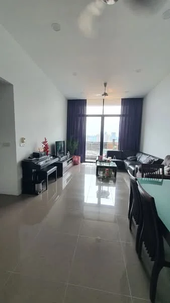 Living features: floor-to-ceiling windows, grey curtains, 3-seater leather sofa, coffee table, TV console, wall-mounted TV, dining table with chairs, ceiling fan, polished ceramic tile flooring, decorative plant, light-colored walls; style: modern; view: city.