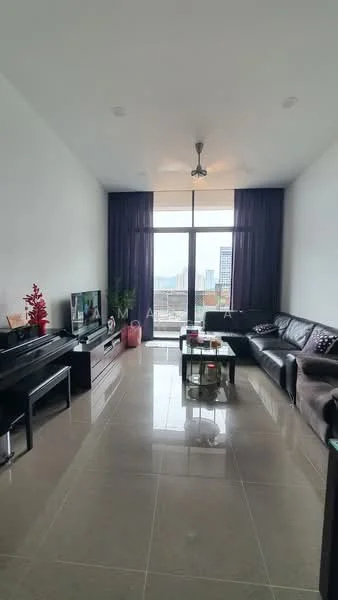 Living features: floor-to-ceiling windows, sliding glass door, blackout curtains, 3-seater leather sofa, 2-seater fabric sofa, coffee table, TV console, wall-mounted TV, area rug, ceiling fan, decorative plant, decorative artwork; style: modern; view: city.