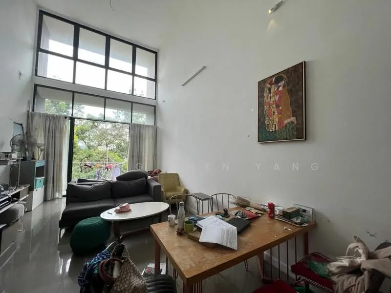 Living features: large floor-to-ceiling windows, grey fabric sectional sofa, round coffee table, wooden dining table, plastic chairs, decorative artwork on wall, light grey walls, polished tile flooring, green bean bag, curtains, visible outdoor view, cluttered surface with items; style: modern; view: garden.