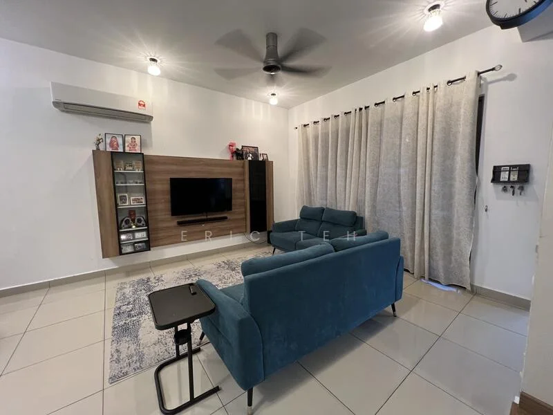 Living features: 3-seater fabric sofa in teal, coffee table, wall-mounted TV, wooden TV console, recessed downlights, ceiling fan, light grey curtains, cream painted walls, tile flooring, decorative wall shelf, area rug with geometric pattern, air conditioning unit; style: modern.