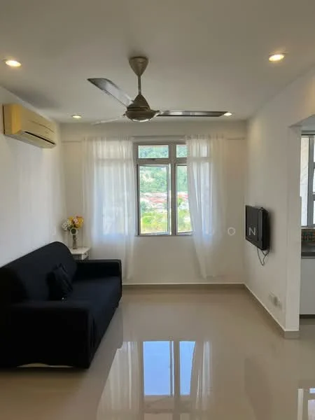 Living features: black fabric sofa, floor-to-ceiling windows, sheer curtains, recessed LED downlights, 5-blade ceiling fan, wall-mounted TV, glossy tile flooring, decorative vase with flowers, air conditioning unit; style: modern; view: garden.