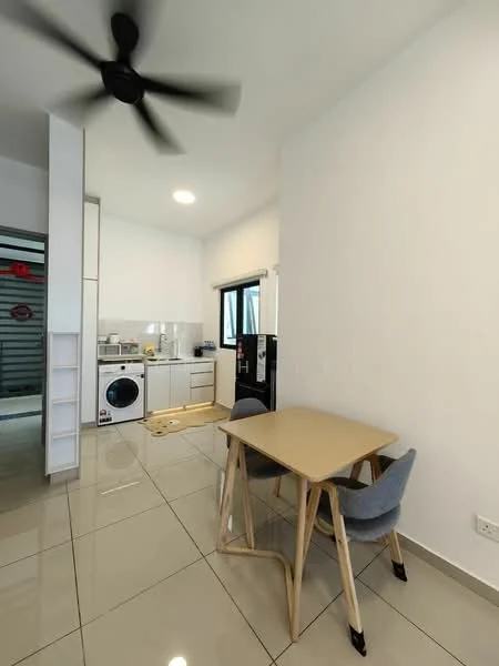 Kitchen features: white painted walls, glossy ceramic tile flooring, 5-blade ceiling fan, recessed downlights, kitchen cabinets with flat-panel design, stainless-steel fridge, built-in oven, freestanding washing machine, single-bowl stainless-steel sink, chrome pull-down faucet, countertop with laminate finish, dining table with wooden legs, upholstered dining chair in grey; style: modern.