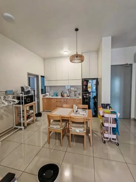 Kitchen features: white cabinetry, stainless-steel fridge, built-in oven, 4-burner gas hob, single-bowl stainless-steel sink, chrome pull-down faucet, light-colored countertop, tile flooring, pendant light fixture, dining table with 4 chairs, open shelving, laundry rack, colorful storage cart; style: modern.