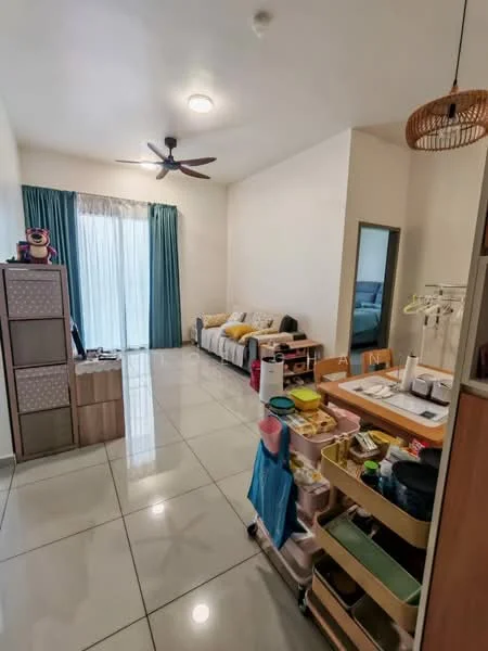 Living features: white painted walls, glossy tile flooring, 5-blade ceiling fan with light, sofa with cushions, curtains in teal, coffee table, storage cabinet, mirror, open shelving unit with various items, decorative items on shelves; style: modern.