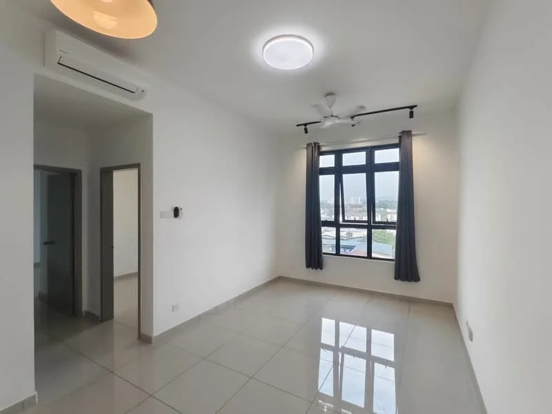 Living features: white painted walls, glossy ceramic tile flooring, 5-blade ceiling fan with light, recessed LED downlights, floor-to-ceiling windows, grey curtains, air conditioning unit, city view; style: modern; view: city.