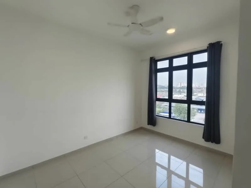 Room features: white painted walls, grey tiled flooring, 5-blade ceiling fan, floor-to-ceiling windows, blackout curtains, city view; style: modern; view: city.
