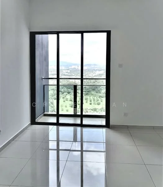Room features: floor-to-ceiling sliding glass door, white painted walls, glossy ceramic tile flooring, balcony view, mountain view, black metal railing, natural light from large window; style: modern; view: mountain.