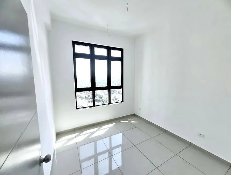 Room features: white painted walls, grey tiled flooring, floor-to-ceiling windows, black window frames, natural light from windows, ceiling with no visible fixtures, single door, city view; style: modern; view: city.