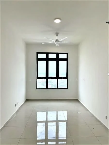 Room features: white painted walls, glossy tile flooring, 5-blade ceiling fan with light, large window with black frame, city view, recessed lighting; style: modern; view: city.