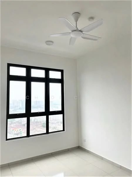 Room features: white painted walls, ceiling fan, floor-to-ceiling windows, grey tile flooring, city view; style: modern; view: city.